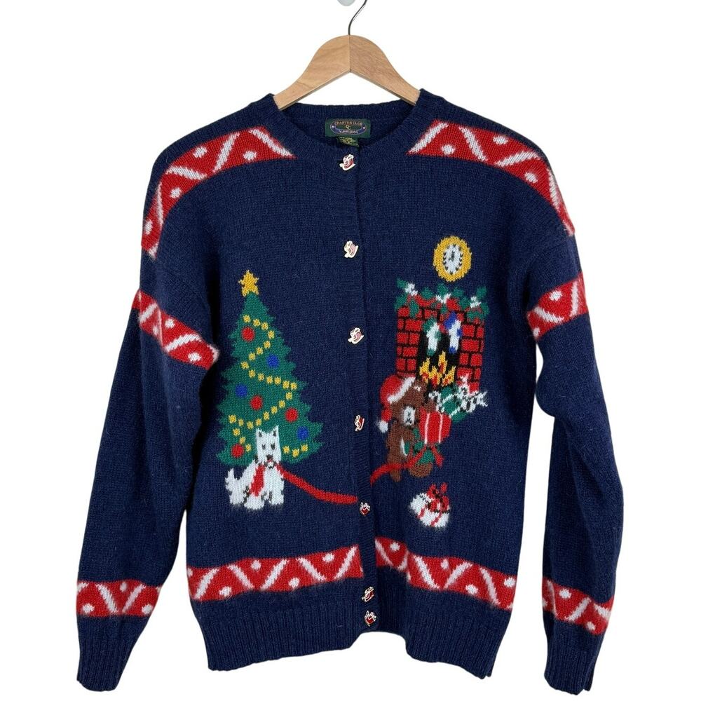 Vintage Charter Club Wool Christmas Cardigan Womens S Scottie Dog 90s Holiday